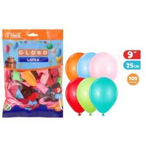 GLOBO LATEX COLORES SURTIDOS 100U -9" - 25CM FELIZ GROUP